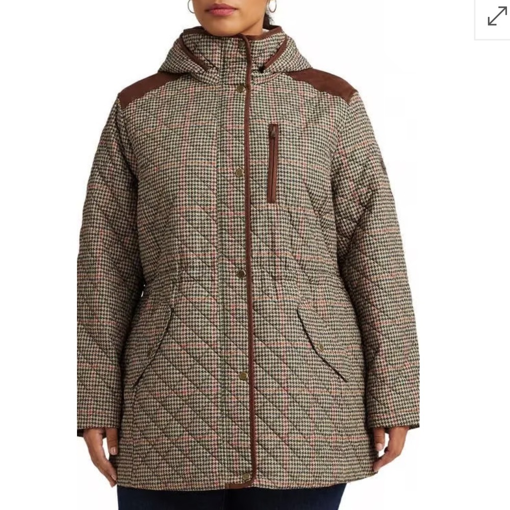 Ralph Lauren Women's Faux-Leather Trimmed Hooded Anorak Quilted Coat